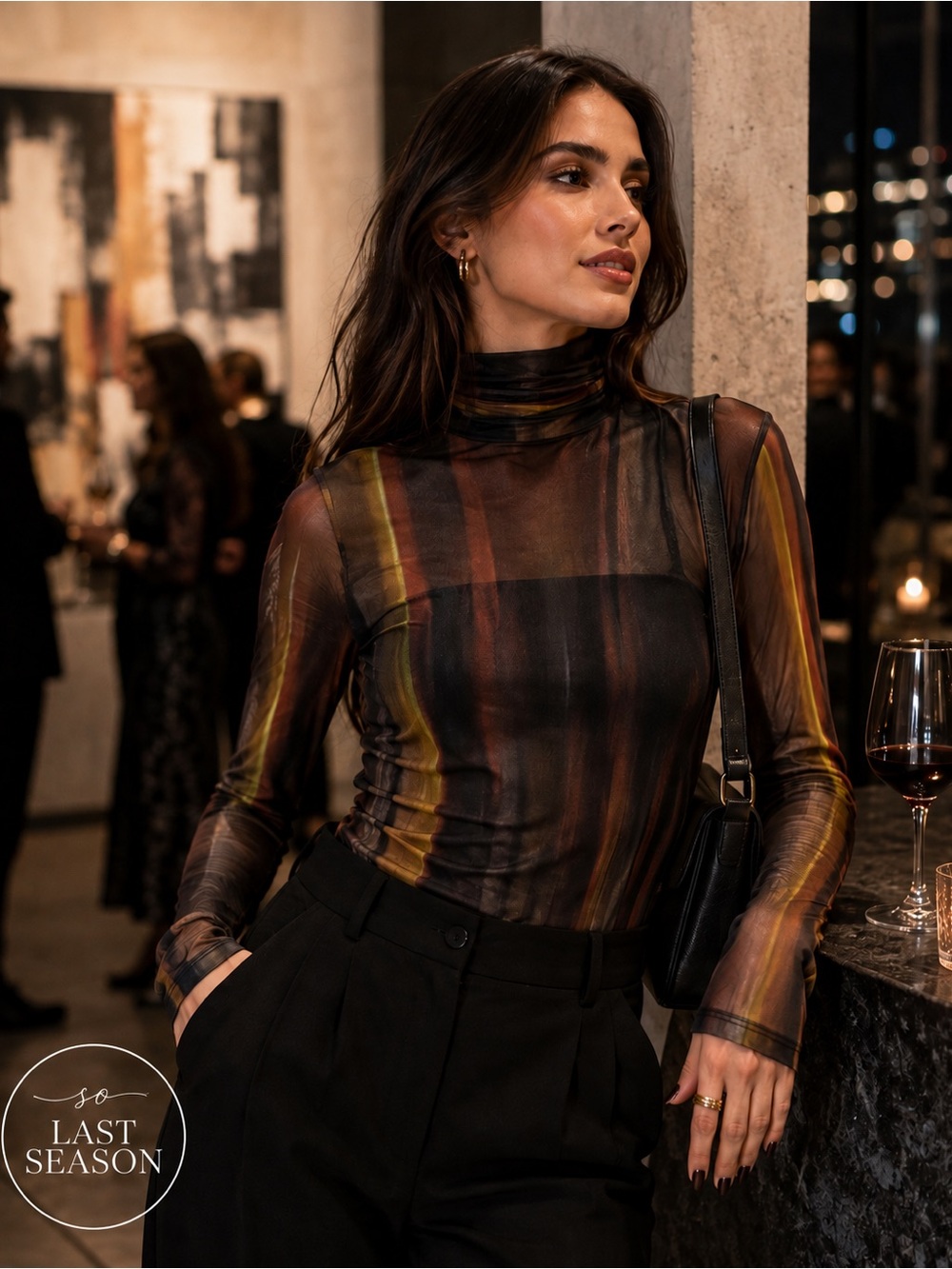 Bailey 44 Sheer Mesh Abstract Stripe Turtleneck Top Brown Multi L